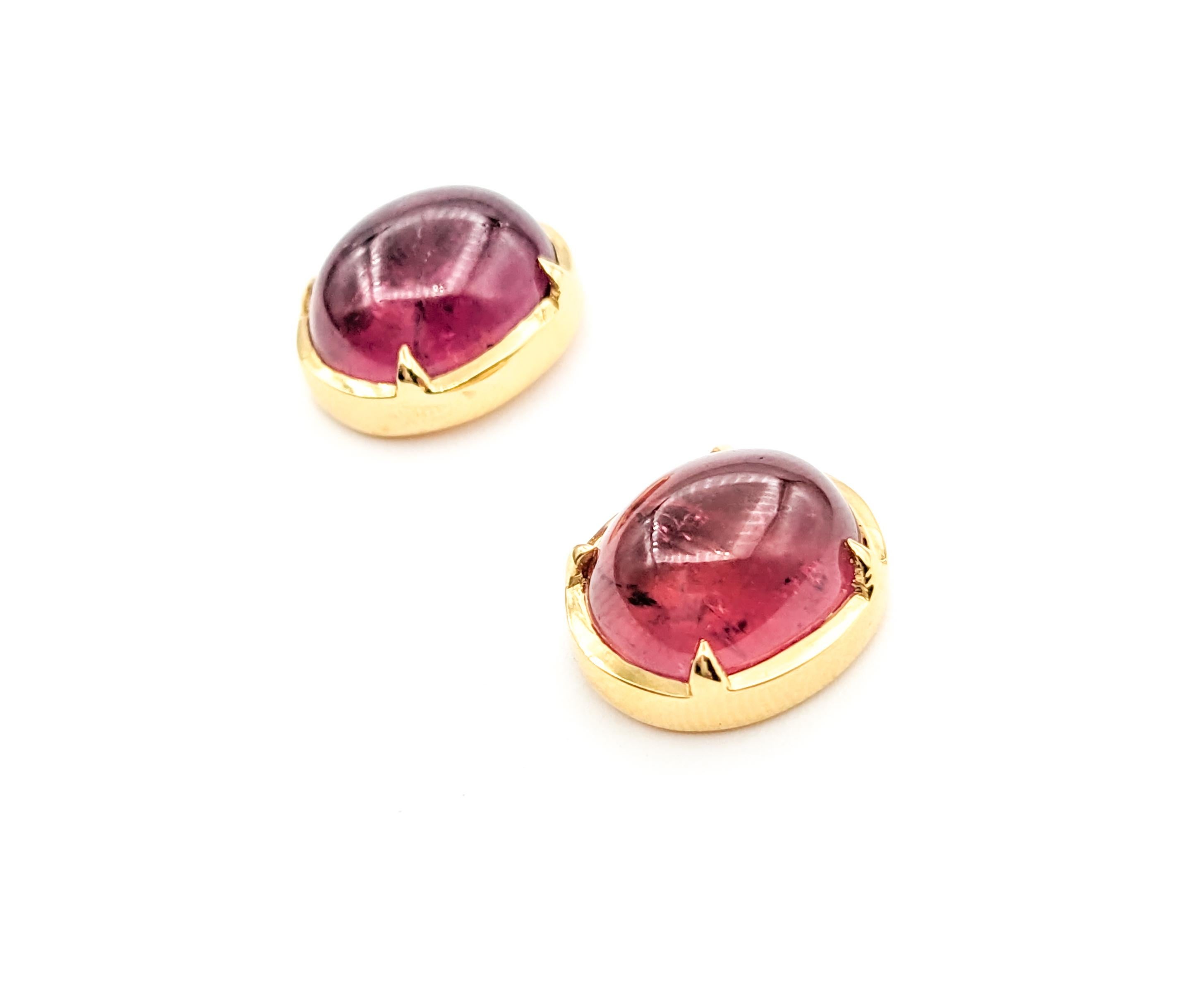 Oval Cut 15.5ctw Cabochon Pink Tourmaline Earrings In Yellow Gold For Sale