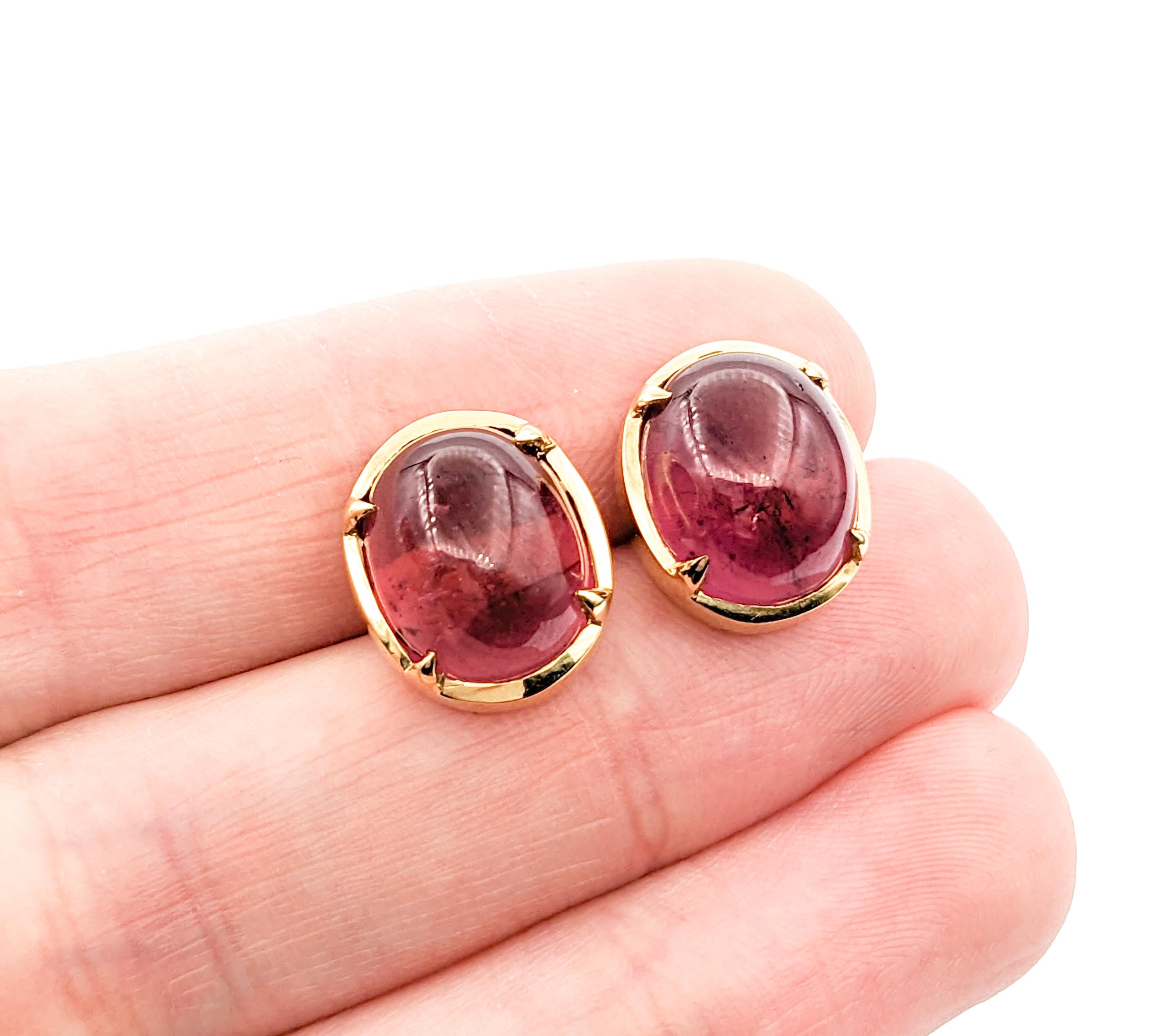 15.5ctw Cabochon Pink Tourmaline Earrings In Yellow Gold In Excellent Condition For Sale In Bloomington, MN