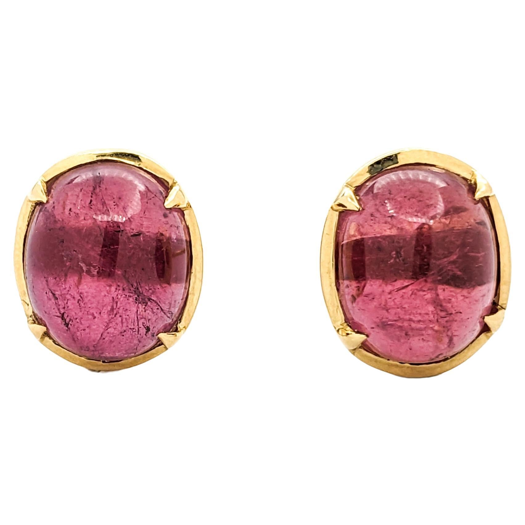 15.5ctw Cabochon Pink Tourmaline Earrings In Yellow Gold For Sale