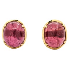 Retro 15.5ctw Cabochon Pink Tourmaline Earrings In Yellow Gold