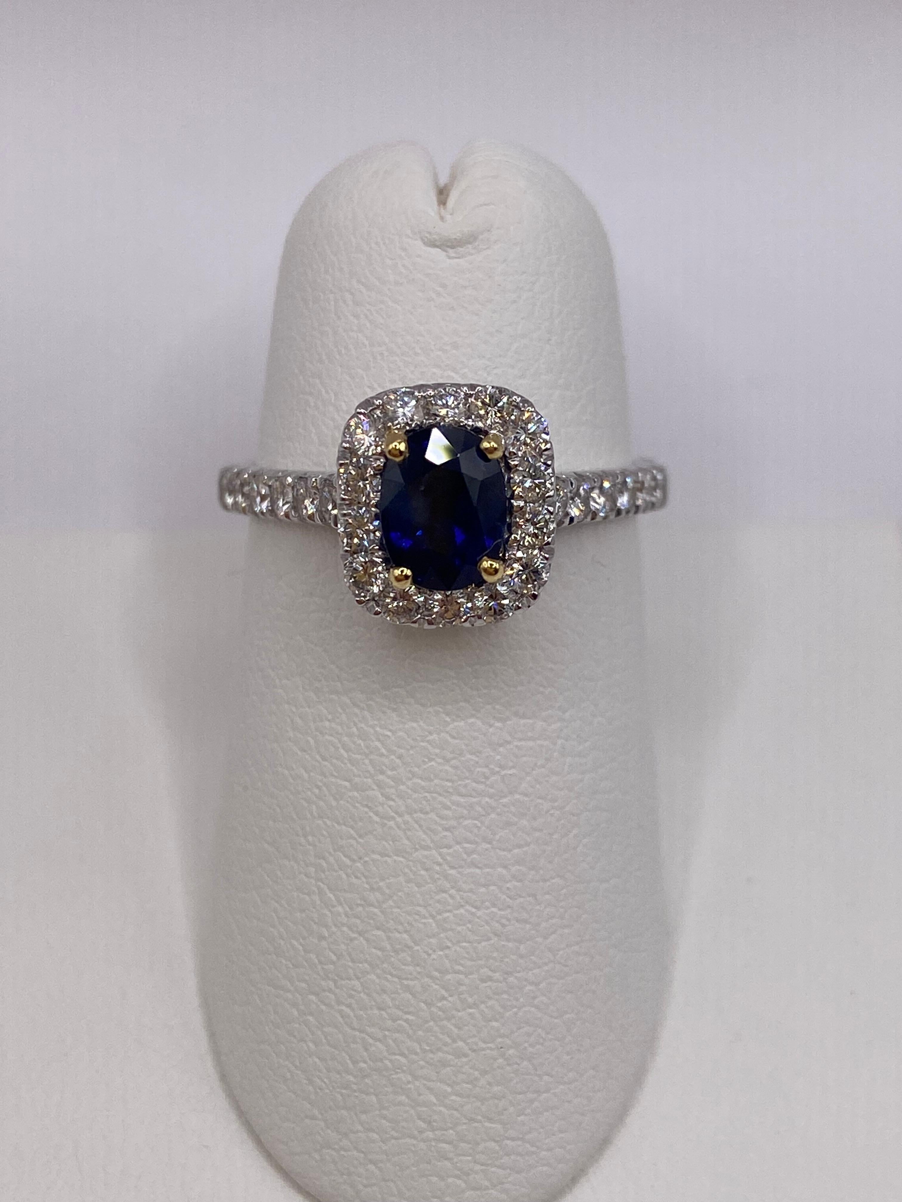 Modern 1.55ctw Cushion Sapphire & Round Diamond Halo Ring in 18KT Two Tone Gold For Sale