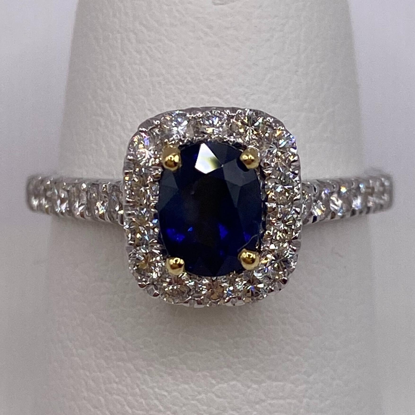 Cushion Cut 1.55ctw Cushion Sapphire & Round Diamond Halo Ring in 18KT Two Tone Gold For Sale