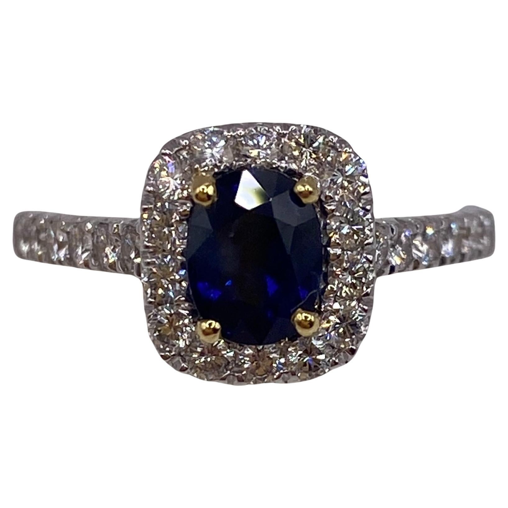 1.55ctw Cushion Sapphire & Round Diamond Halo Ring in 18KT Two Tone Gold For Sale
