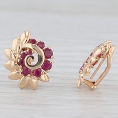 1.55ctw Ruby Flower Swirl Clip On Earrings 14k Yellow Gold Omega Backs