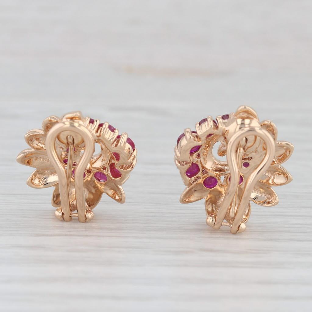 Round Cut 1.55ctw Ruby Flower Swirl Clip On Earrings 14k Yellow Gold Omega Backs