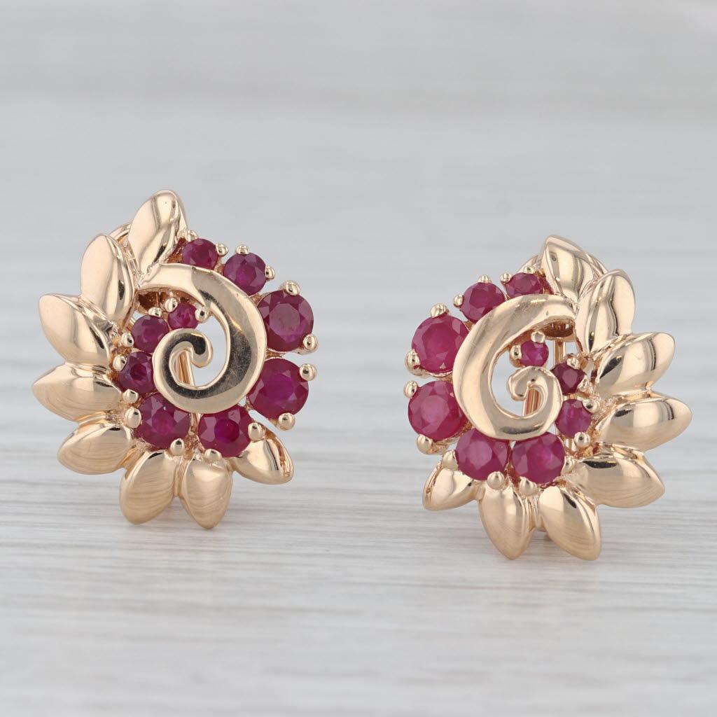 1.55ctw Ruby Flower Swirl Clip On Earrings 14k Yellow Gold Omega Backs In Good Condition In McLeansville, NC