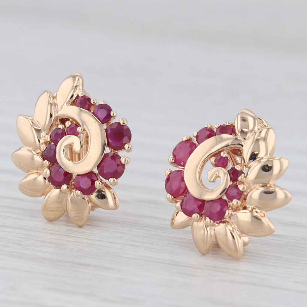 Women's 1.55ctw Ruby Flower Swirl Clip On Earrings 14k Yellow Gold Omega Backs