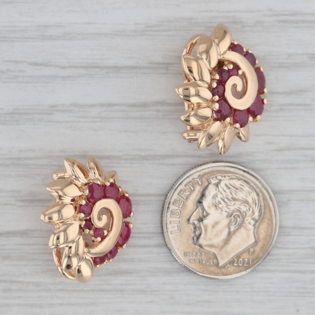 1.55ctw Ruby Flower Swirl Clip On Earrings 14k Yellow Gold Omega Backs 1
