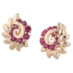 1.55ctw Ruby Flower Swirl Clip On Earrings 14k Yellow Gold Omega Backs