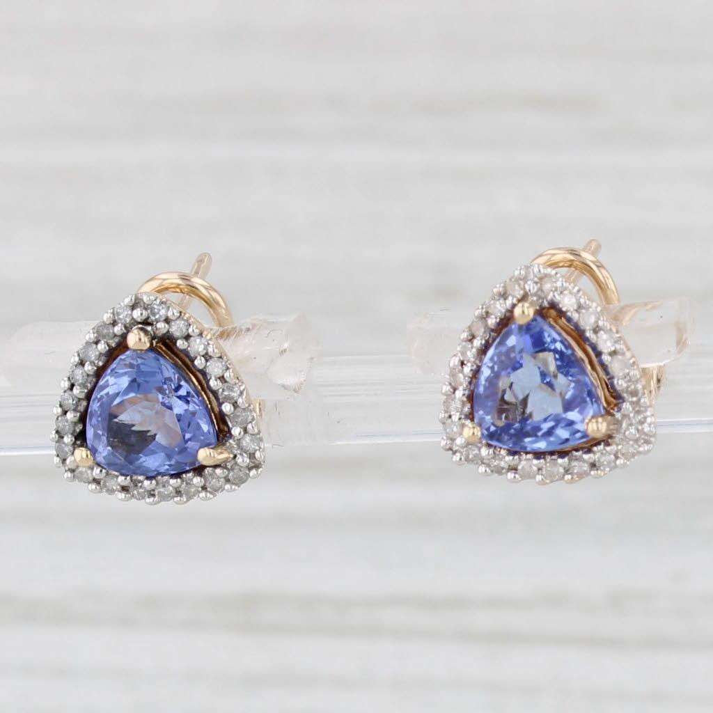 1.55ctw Tanzanite Diamond Halo Stud Earrings 14k Yellow Gold Omega Backs In Good Condition In McLeansville, NC