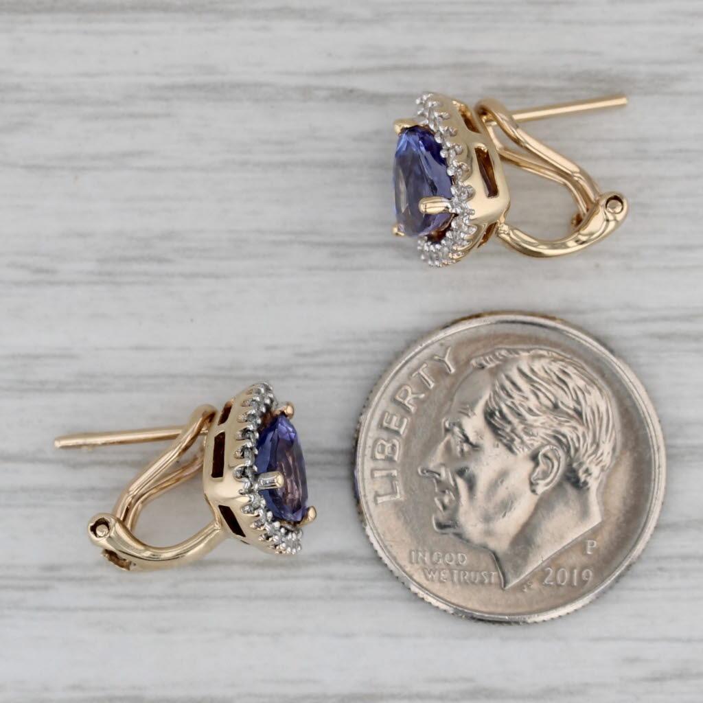 Women's or Men's 1.55ctw Tanzanite Diamond Halo Stud Earrings 14k Yellow Gold Omega Backs
