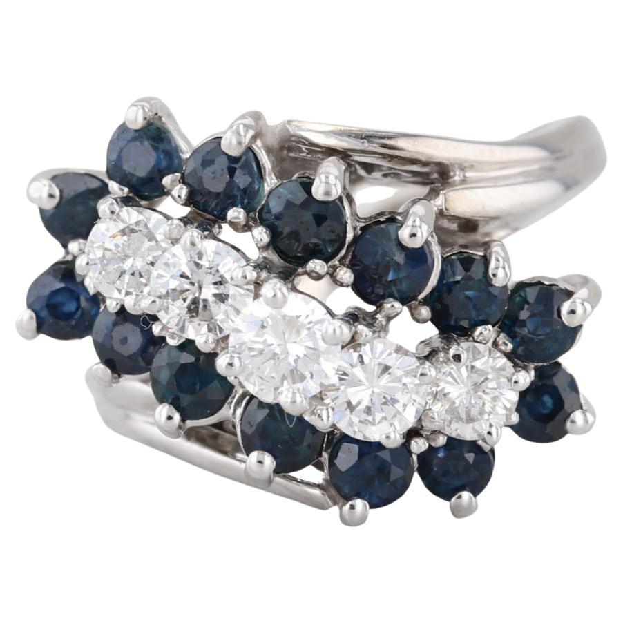 1.55ctw Anillo de Diamantes Zafiro Azul en Gradas Oro Blanco 14k Talla 6.25 Cocktail en venta