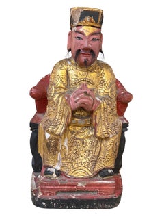 15.5"Early 20th Century Chinese Gilded Polychrome Wood Seated Deity Statue