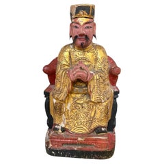 15.5"Early 20th Century Chinese Gilded Polychrome Wood Seated Deity Statue