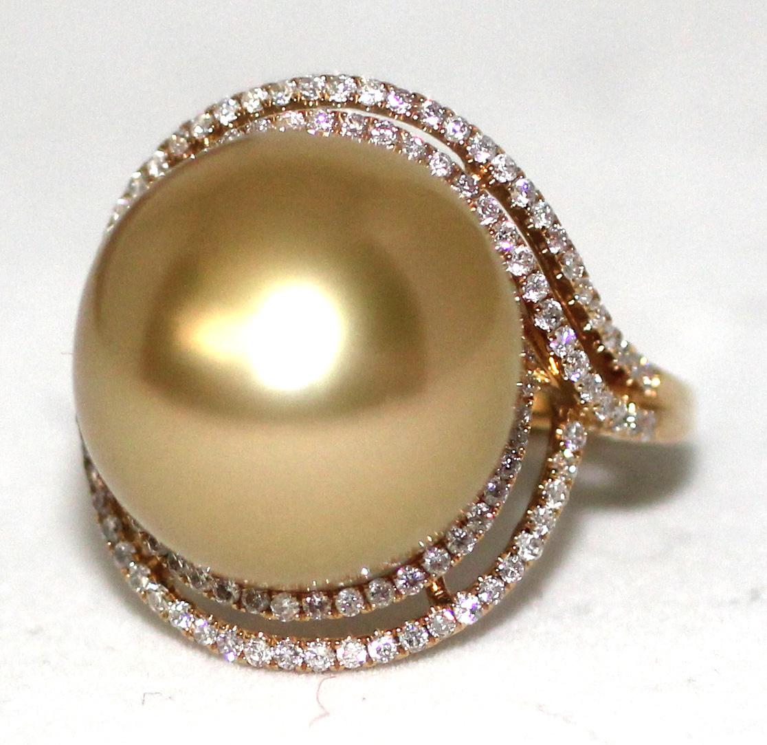 HAKIMOTO By Jewel Of Ocean 15.5mm Natural Color Golden Pearl Ring
18K Rose gold cocktail ring with 0.529 carats of round brilliant diamonds and Natural Color Golden South Sea round cultured pearl. 
Marks 750 
Weight (g): 10.0
Gemstone: Diamond Carat
