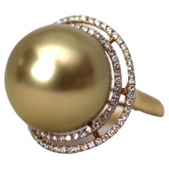 Hakimoto 15.5mm Natural Color Golden South Sea Pearl Diamonds Ring