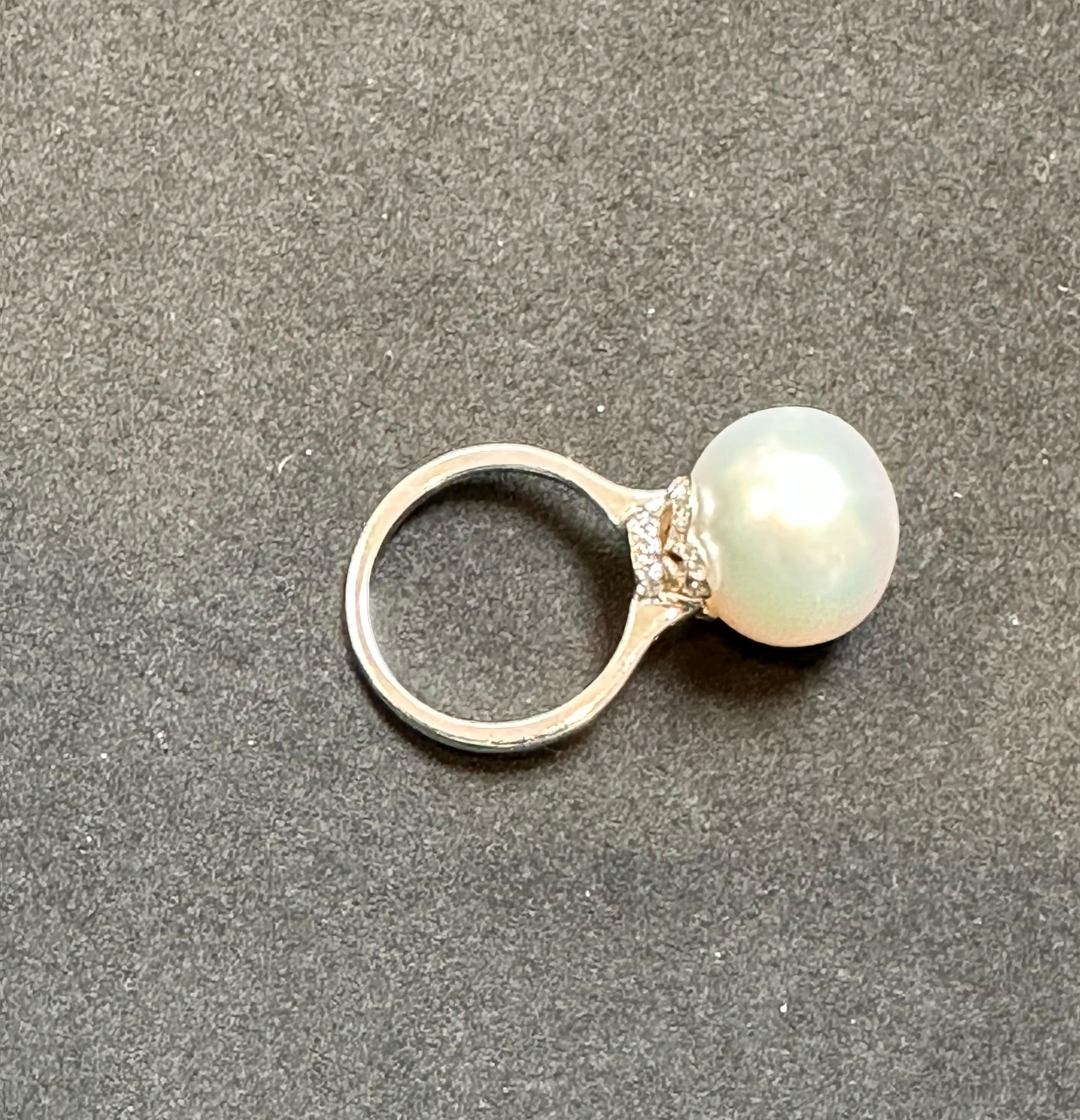 15.5MM Round White South Sea Pearl & Diamond Ring in Platinum by Valentin Magro  For Sale 6