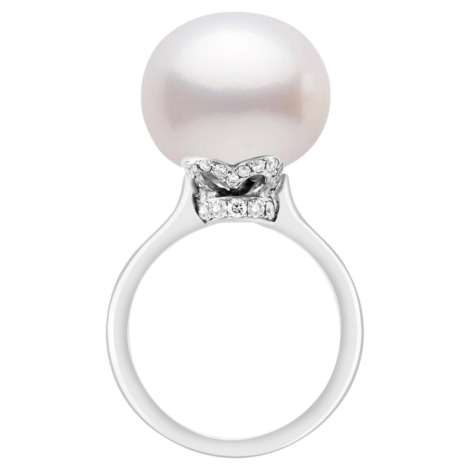 15.5MM Round White South Sea Pearl & Diamond Ring in Platinum by Valentin Magro  For Sale