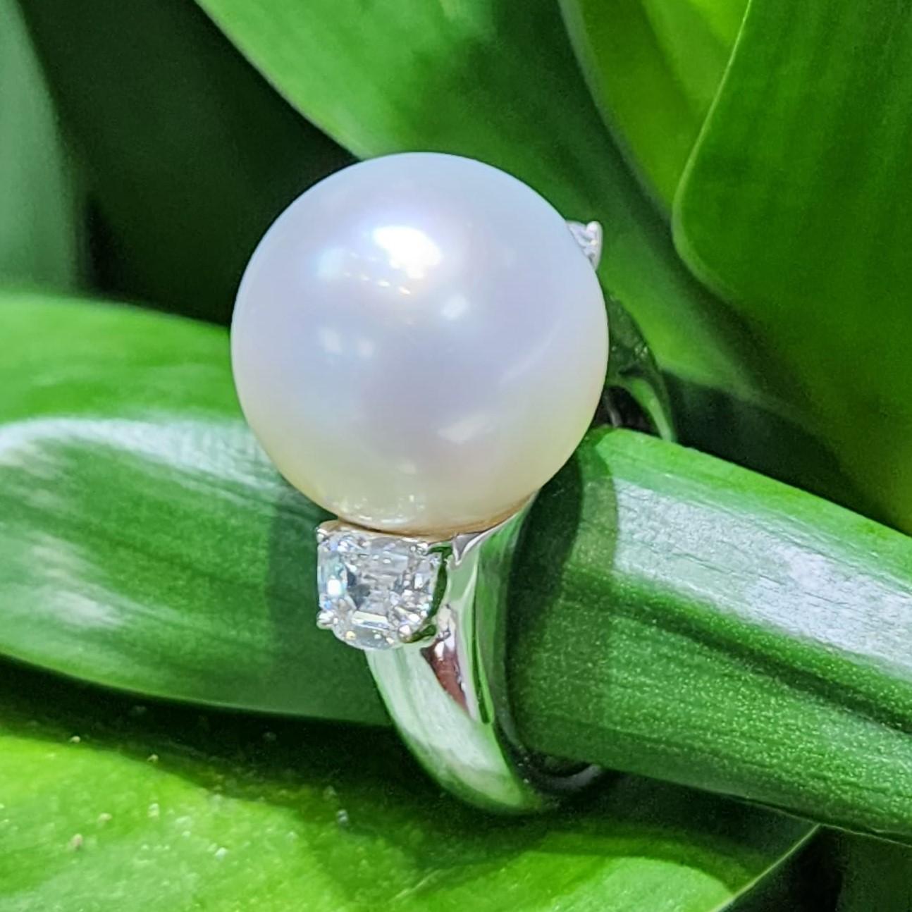 15.5mm White South Sea Pearl Diamond Ring in 18K White Gold 2