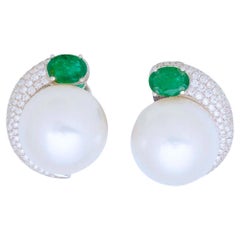 White South Sea Pearl, Emerald and Diamond Earring in 18k Gold
