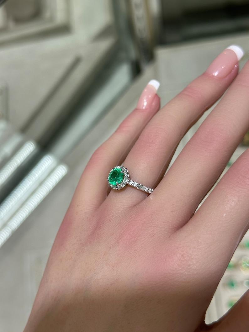 Modern 1.55tcw 14K Colombian Emerald & Diamond Halo Ring - Vivid Green Cushion Cut For Sale