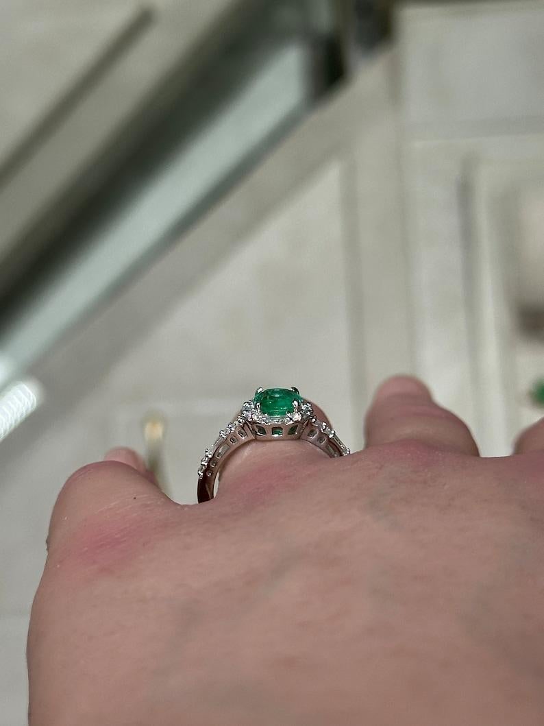 Women's 1.55tcw 14K Colombian Emerald & Diamond Halo Ring - Vivid Green Cushion Cut For Sale