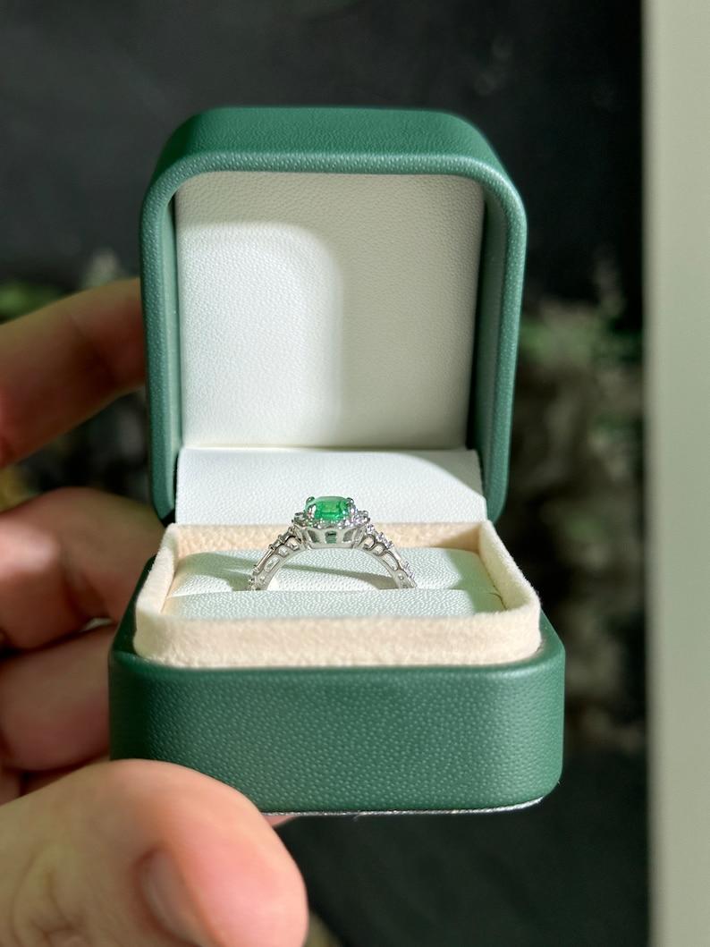 1.55tcw 14K Colombian Emerald & Diamond Halo Ring - Vivid Green Cushion Cut For Sale 3