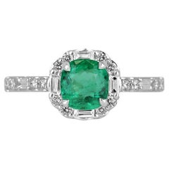 1.55tcw 14K Colombian Emerald & Diamond Halo Ring - Vivid Green Cushion Cut