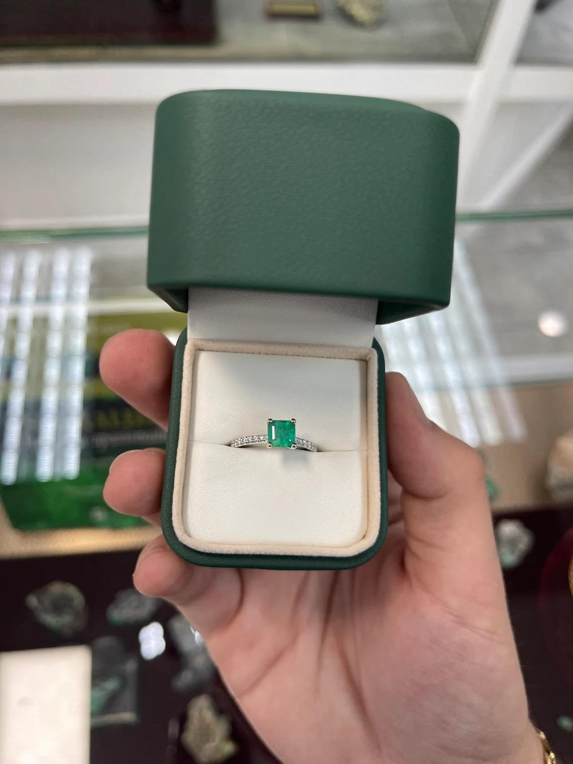 1.55tcw 14K Natural Emerald-Asscher Cut & Diamond Shank White Gold Ring For Sale 3