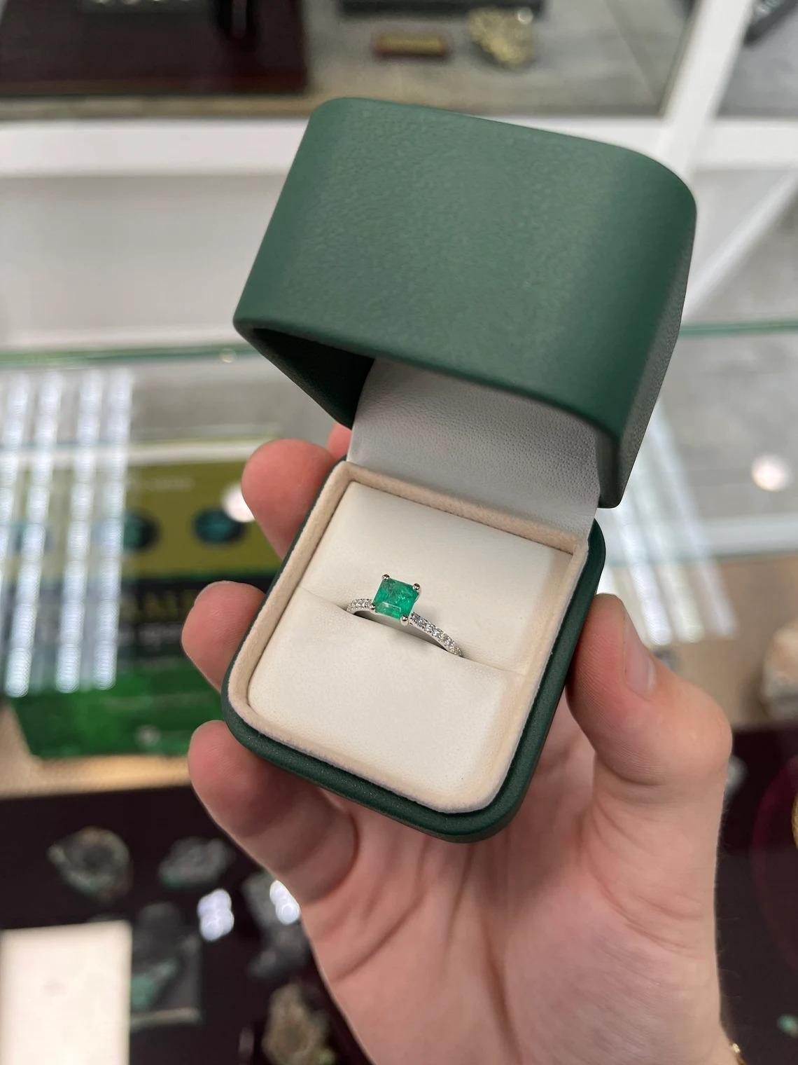 1.55tcw 14K Natural Emerald-Asscher Cut & Diamond Shank White Gold Ring For Sale 4