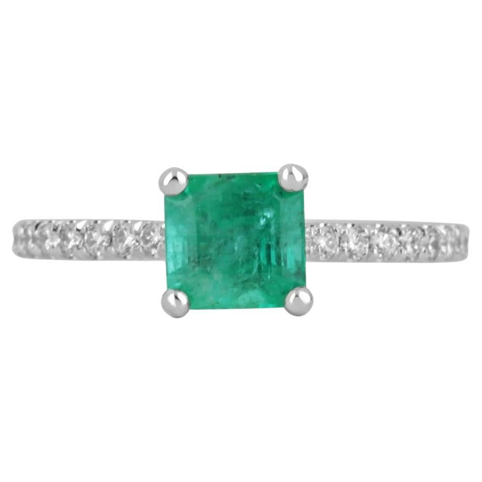 1.55tcw 14K Natural Emerald-Asscher Cut & Diamond Shank White Gold Ring For Sale