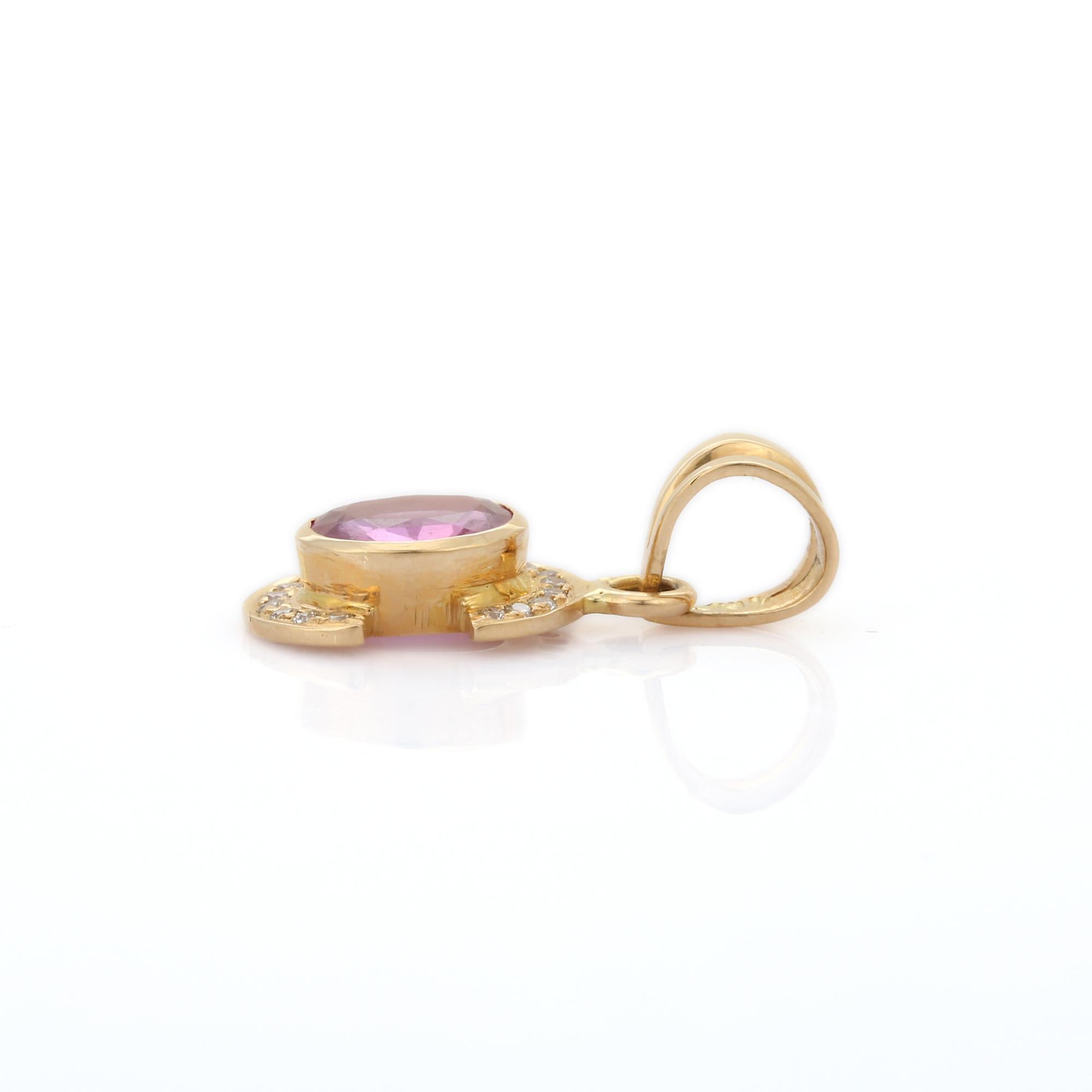 Oval Cut Pink Sapphire Pendant in C Shape 18K Yellow Gold Studded with Diamonds For Sale