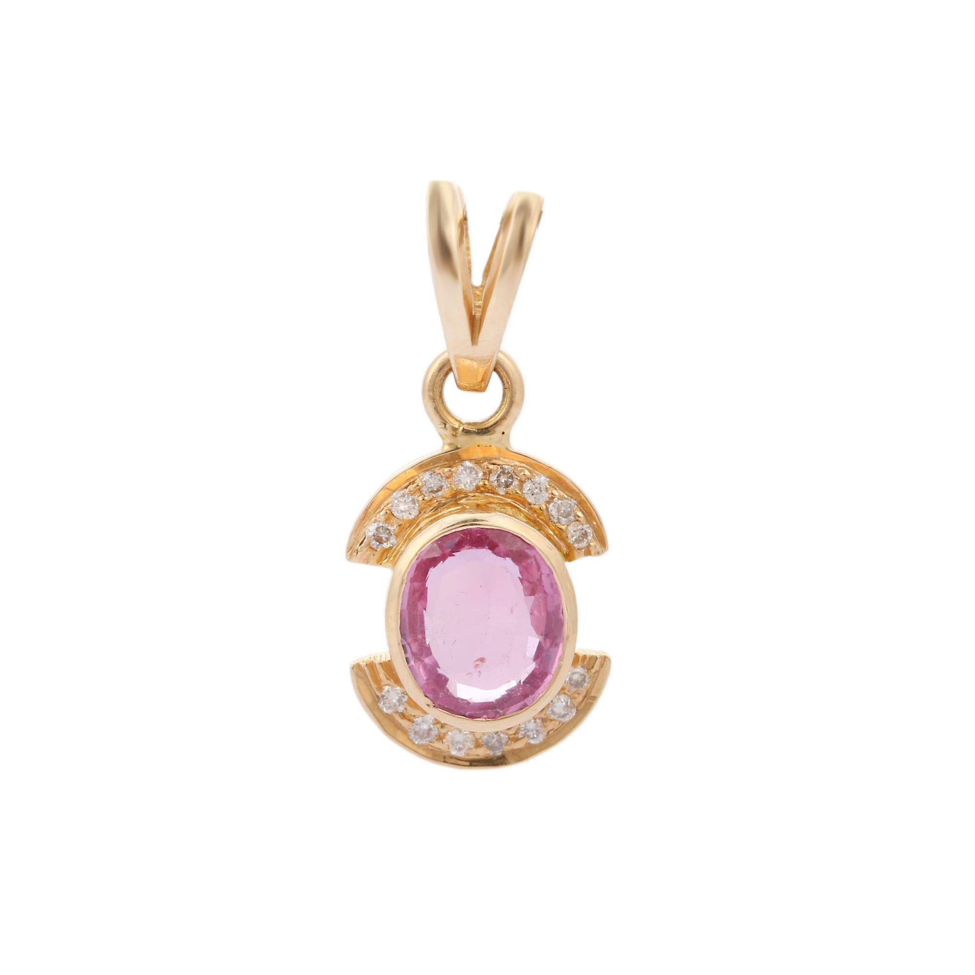 Women's Pink Sapphire Pendant in C Shape 18K Yellow Gold Studded with Diamonds For Sale