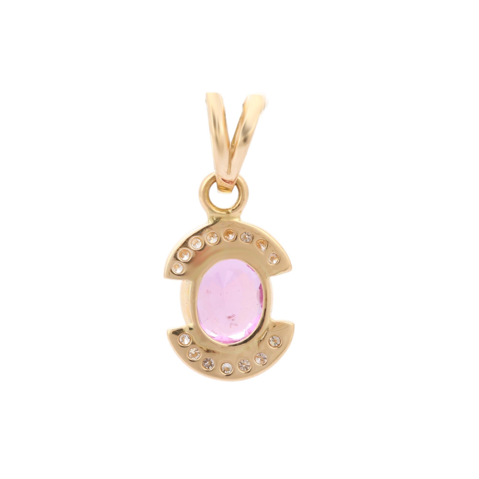 Pink Sapphire Pendant in C Shape 18K Yellow Gold Studded with Diamonds For Sale 2