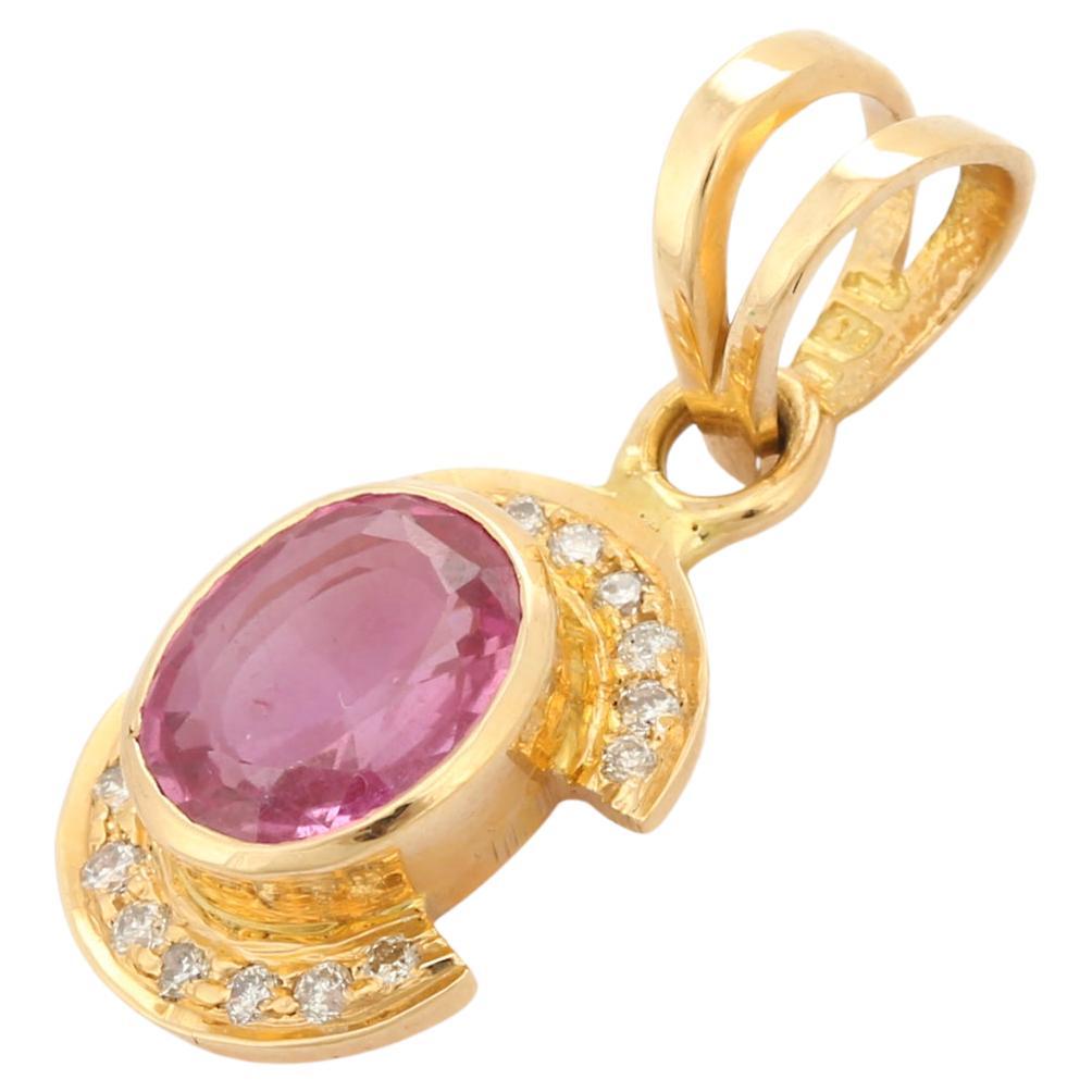 Pink Sapphire Pendant in C Shape 18K Yellow Gold Studded with Diamonds