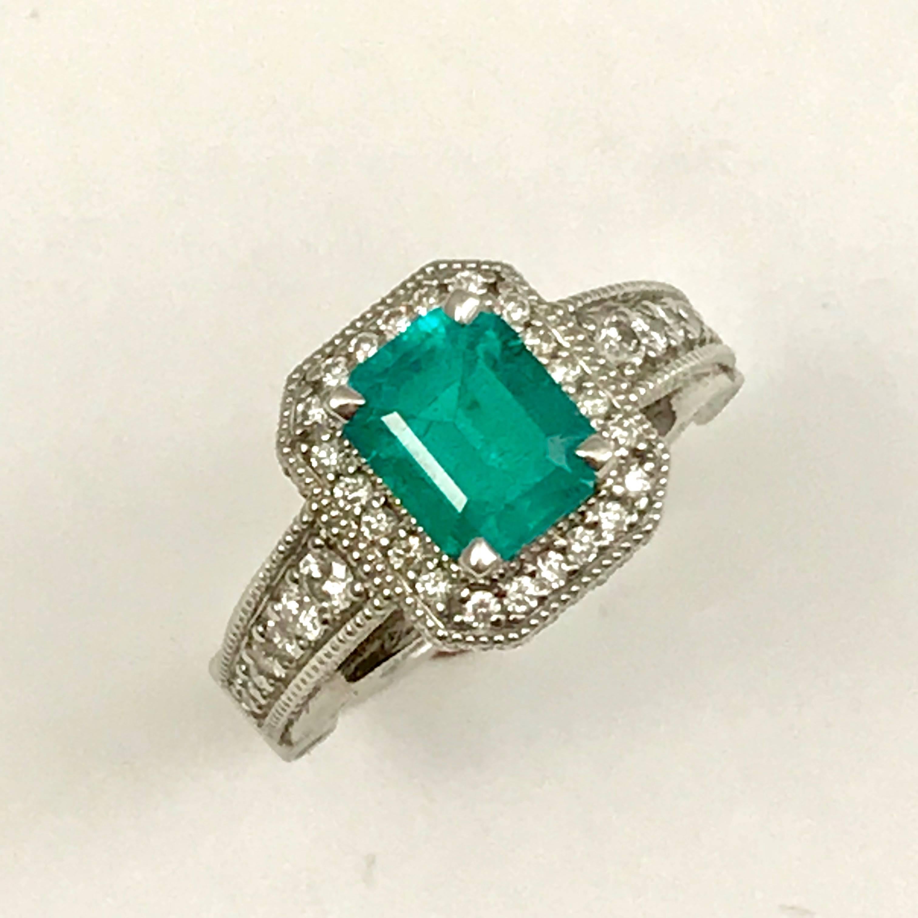 Emerald Cut 1.56 Carat Colombian Emerald Cocktail Ring Set in 14 Karat White Gold For Sale