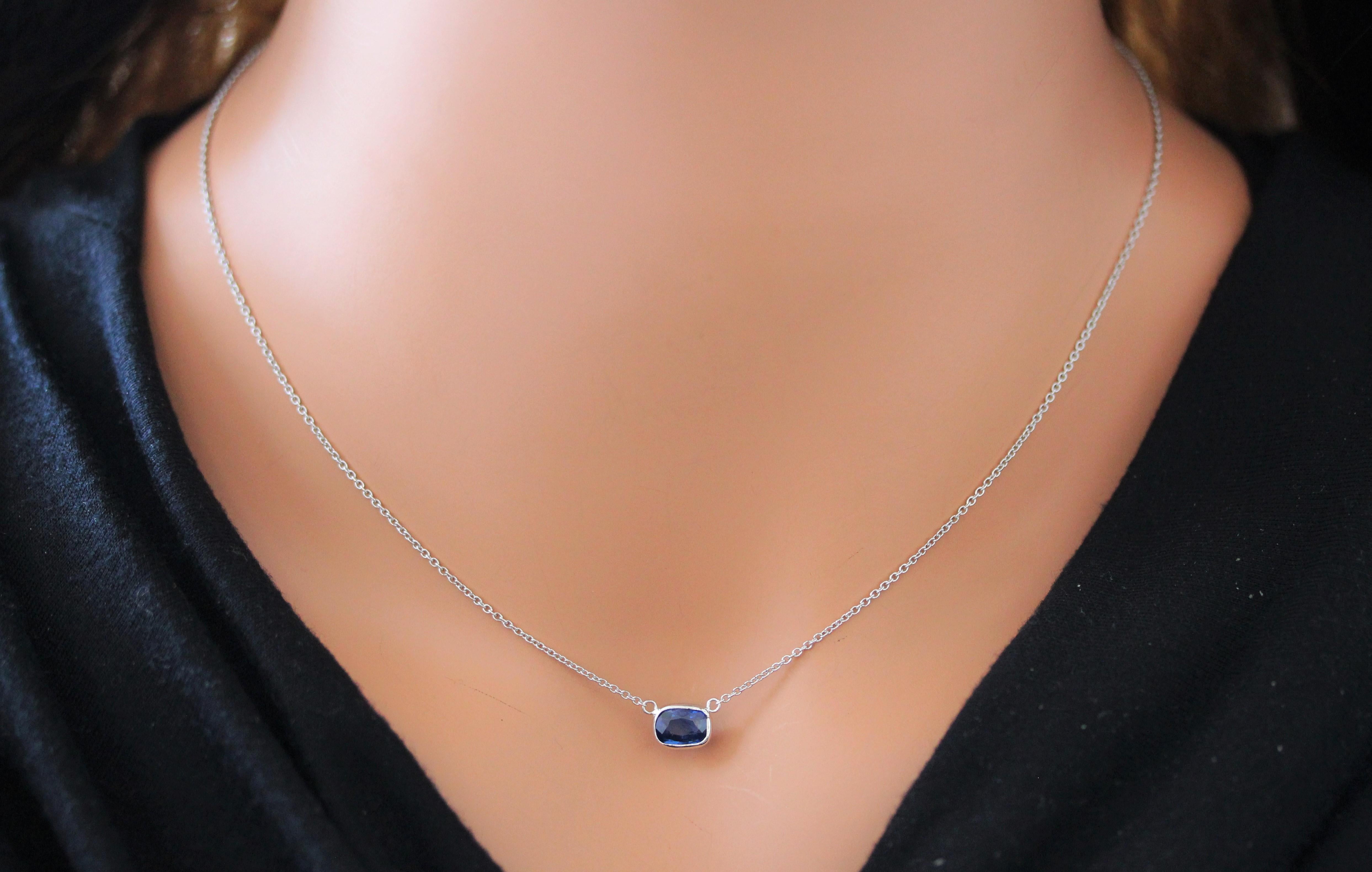 Contemporary 1.56 Carat Cushion Sapphire Blue Fashion Necklaces In 14k White Gold For Sale