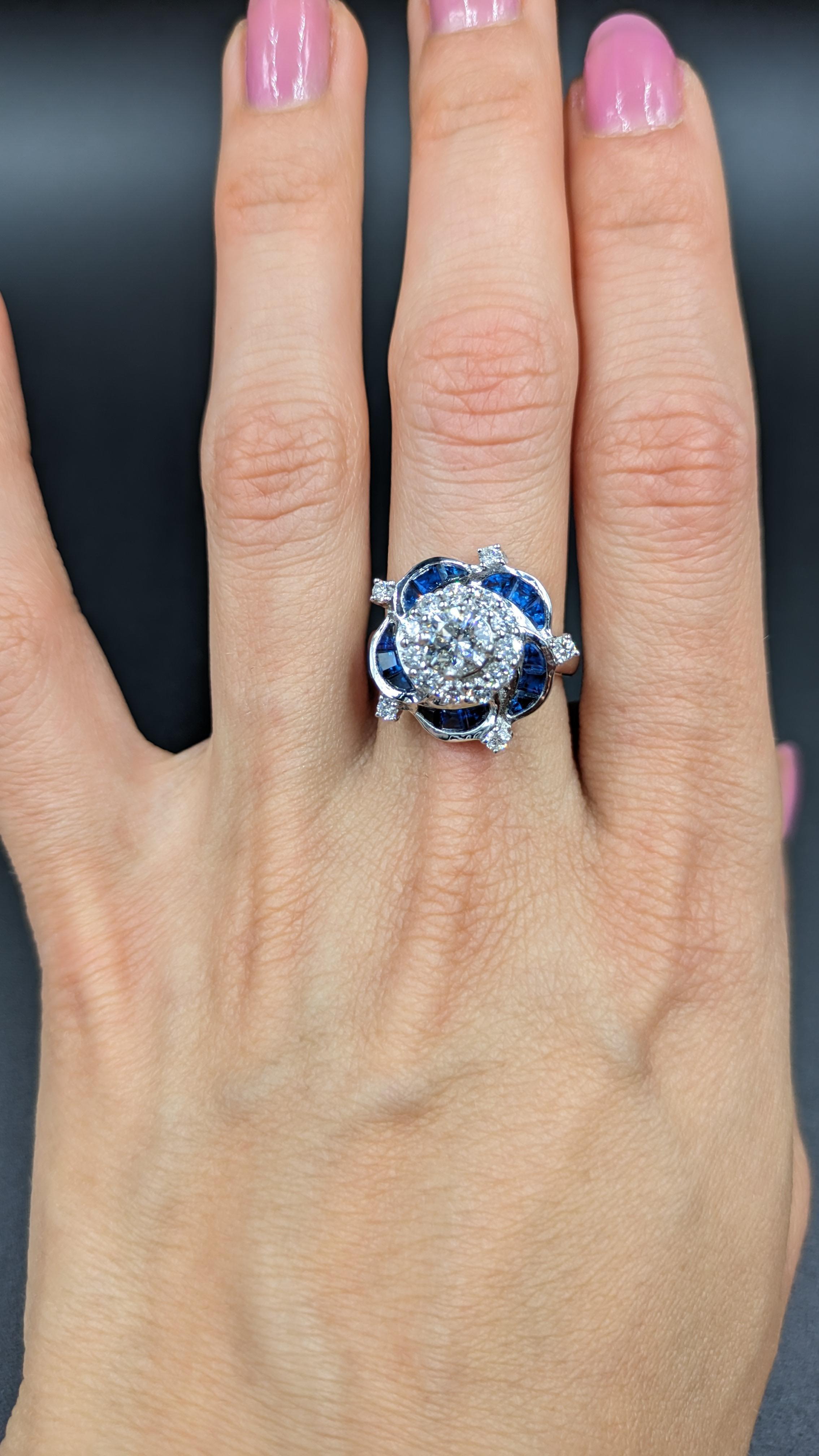 Women's 1.56 Carat Diamond and Sapphire Cluster Ring For Sale