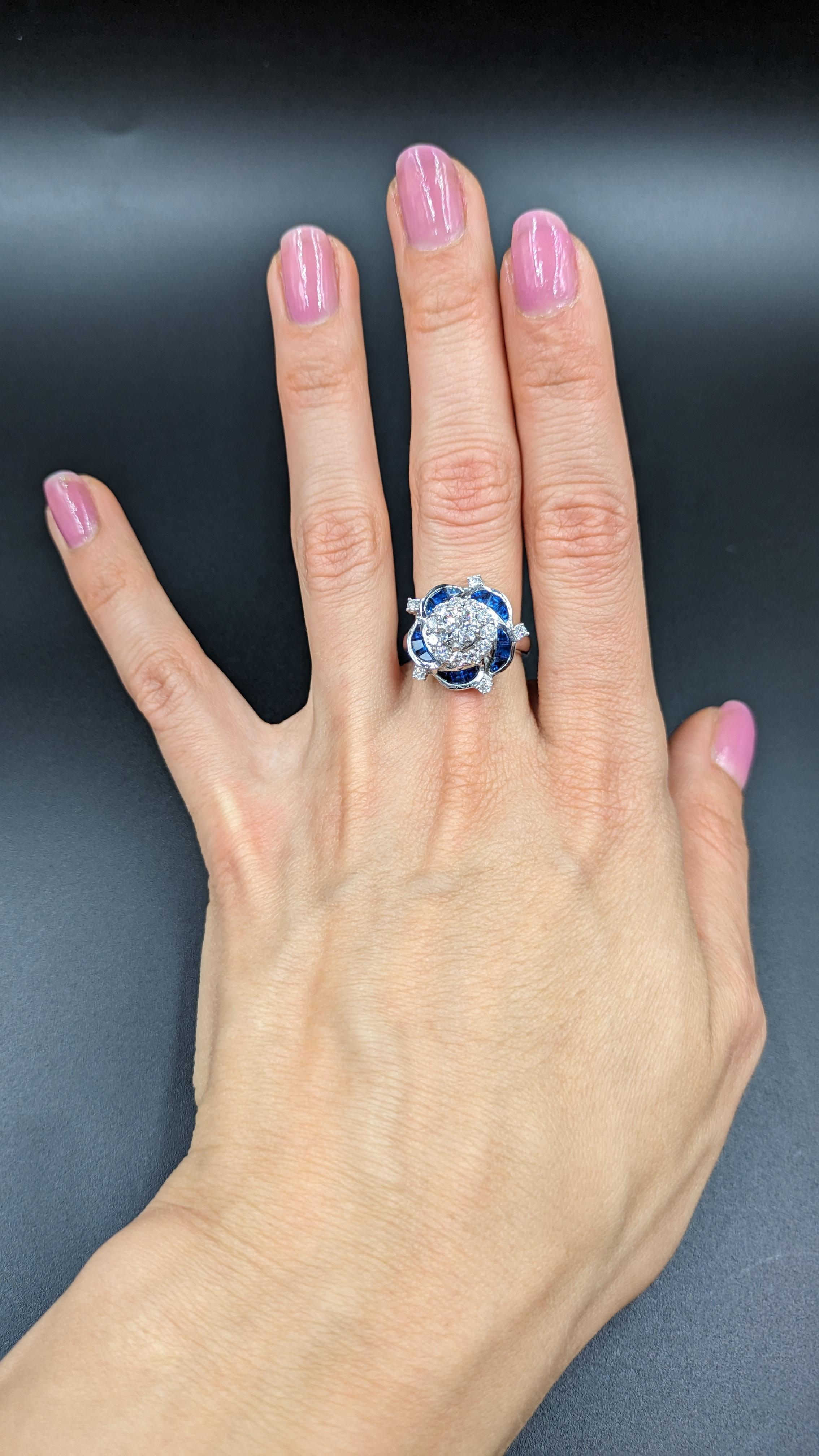 1.56 Carat Diamond and Sapphire Cluster Ring For Sale 2
