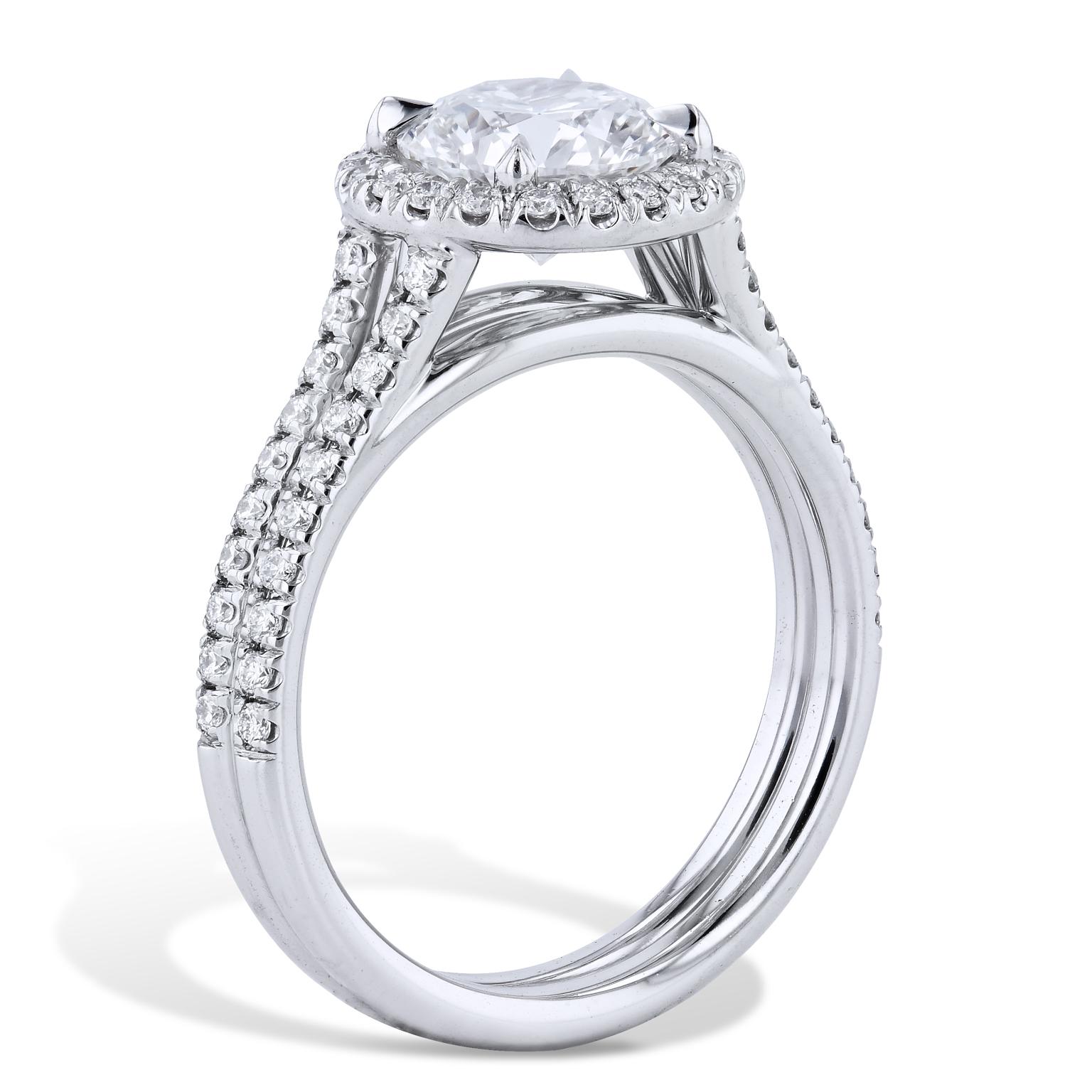 Round Cut GIA Certified 1.56 Carat Diamond with Pave Set Halo Platinum Engagement Ring For Sale