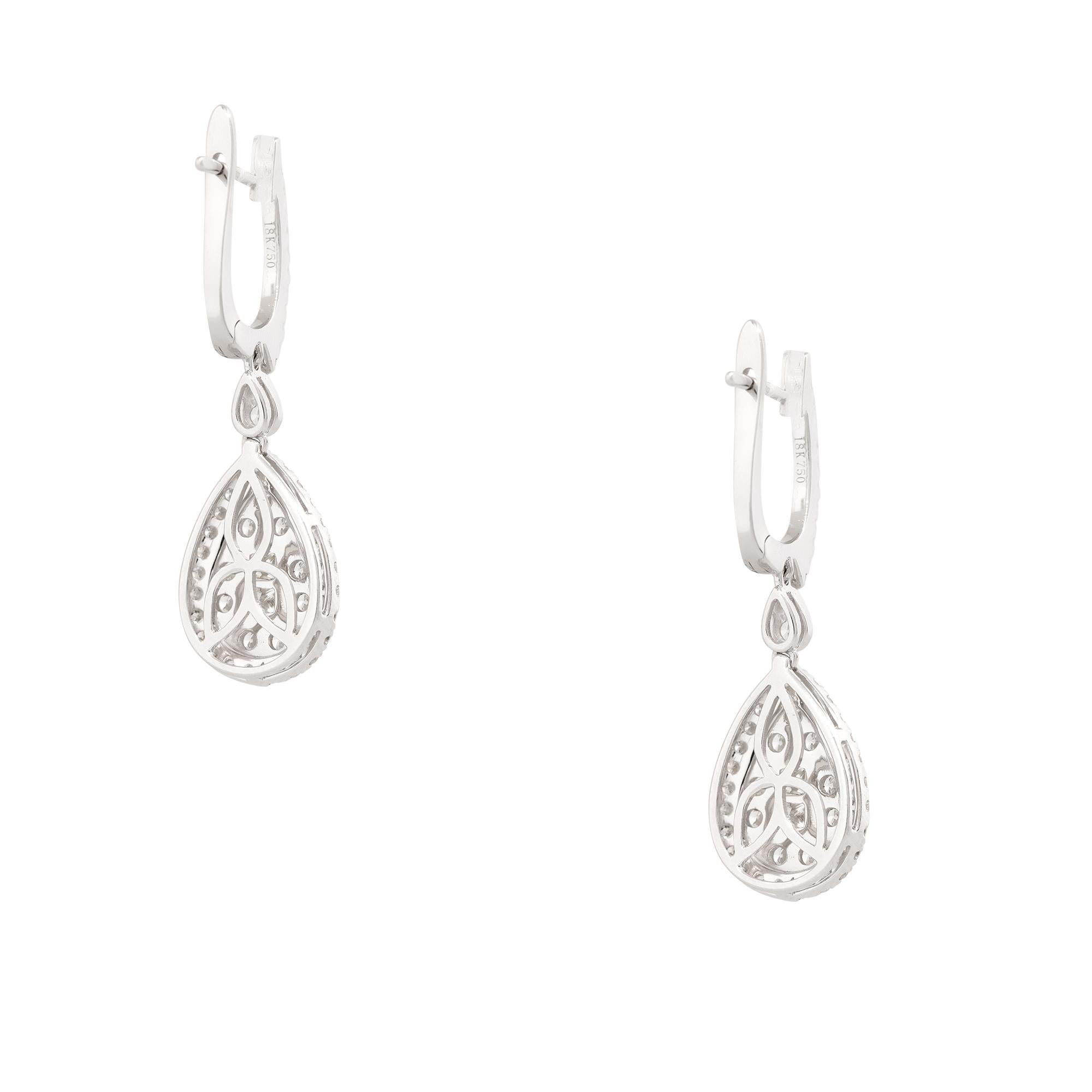 Round Cut 1.56 Carat Diamond Mosaic Tear Drop Earrings 18 Karat In Stock For Sale