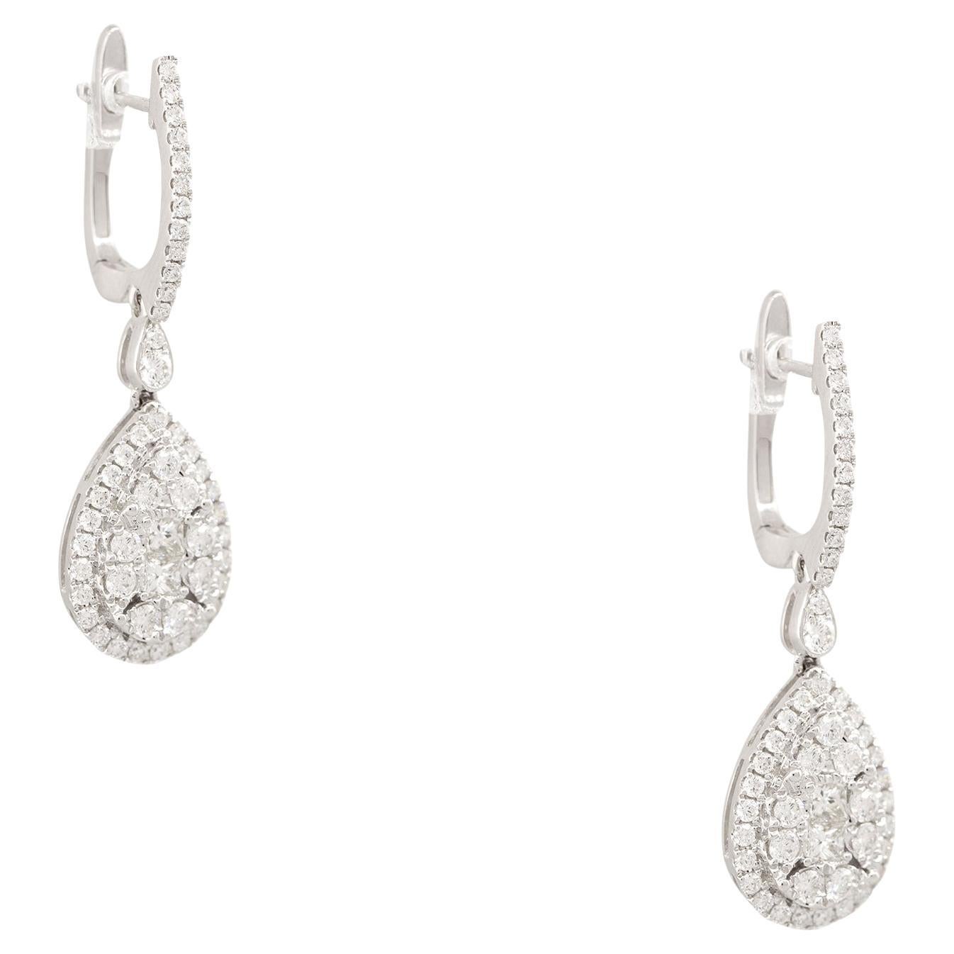 1.56 Carat Diamond Mosaic Tear Drop Earrings 18 Karat In Stock