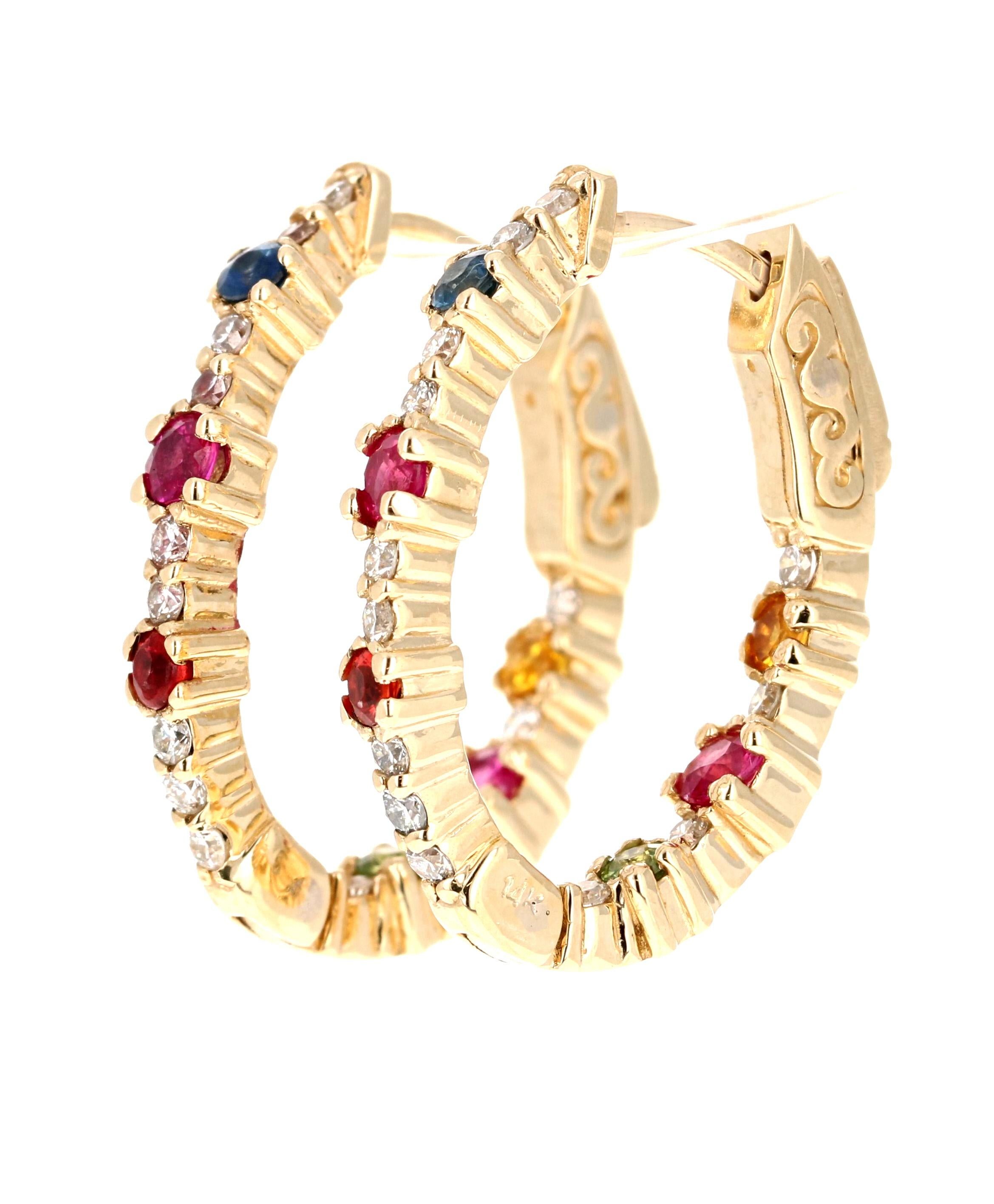 Round Cut 1.56 Carat Diamond Multi Color Sapphire Yellow Gold Hoop Earrings For Sale