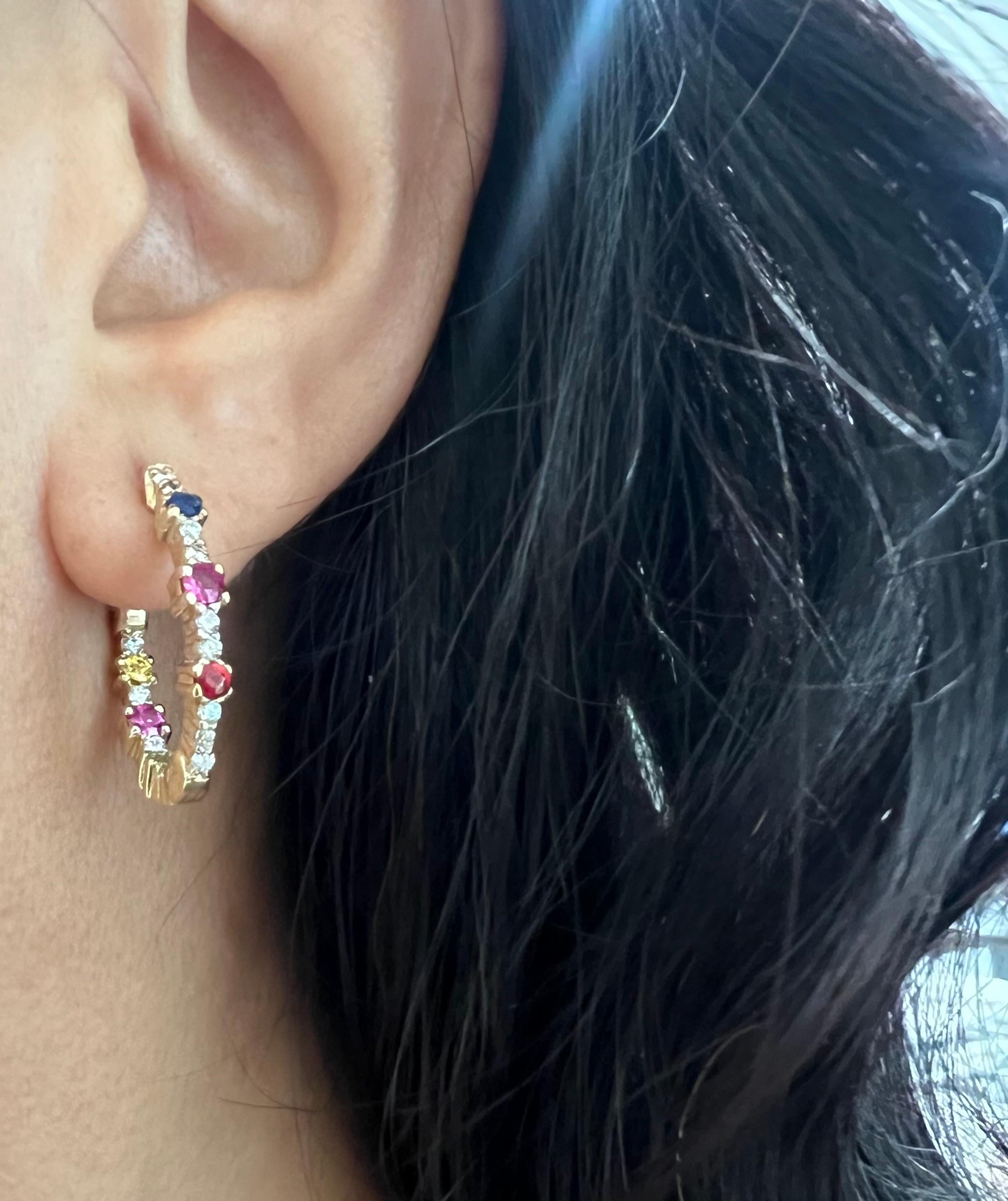Women's 1.56 Carat Diamond Multi Color Sapphire Yellow Gold Hoop Earrings For Sale