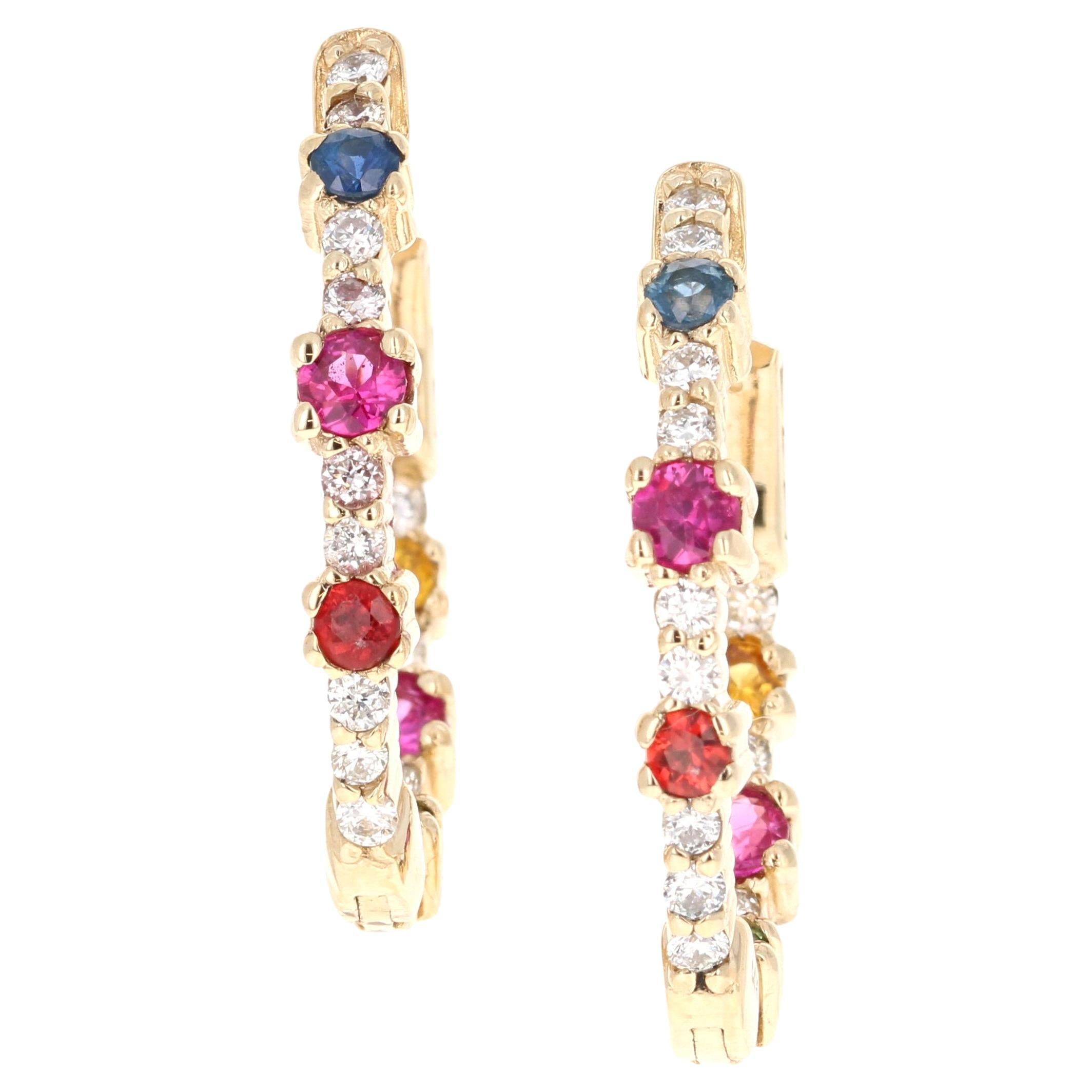 1.56 Carat Diamond Multi Color Sapphire Yellow Gold Hoop Earrings