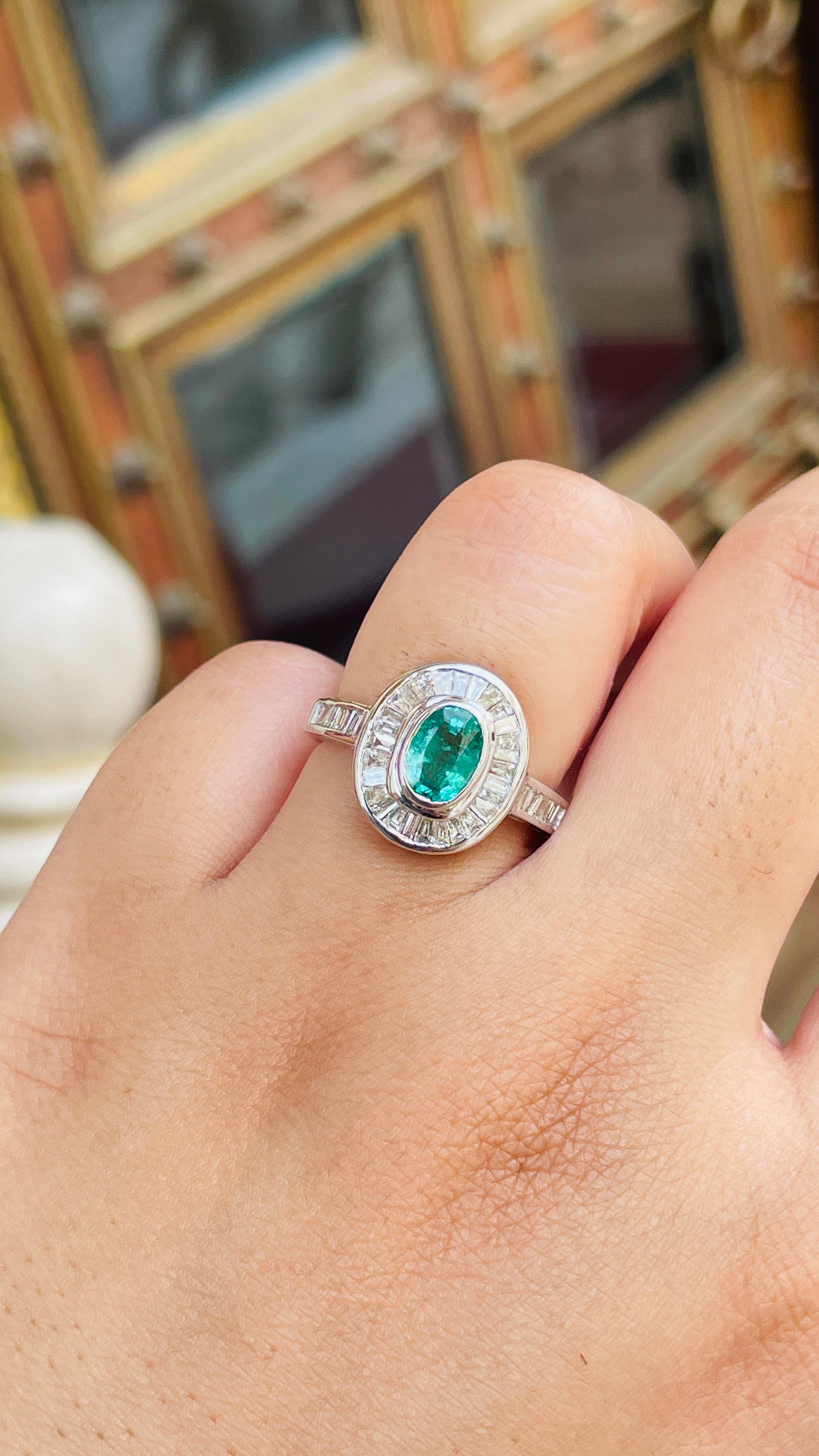 For Sale:  1.56 Carat Emerald Cocktail Ring with Halo of Diamonds in 18K White Gold  9
