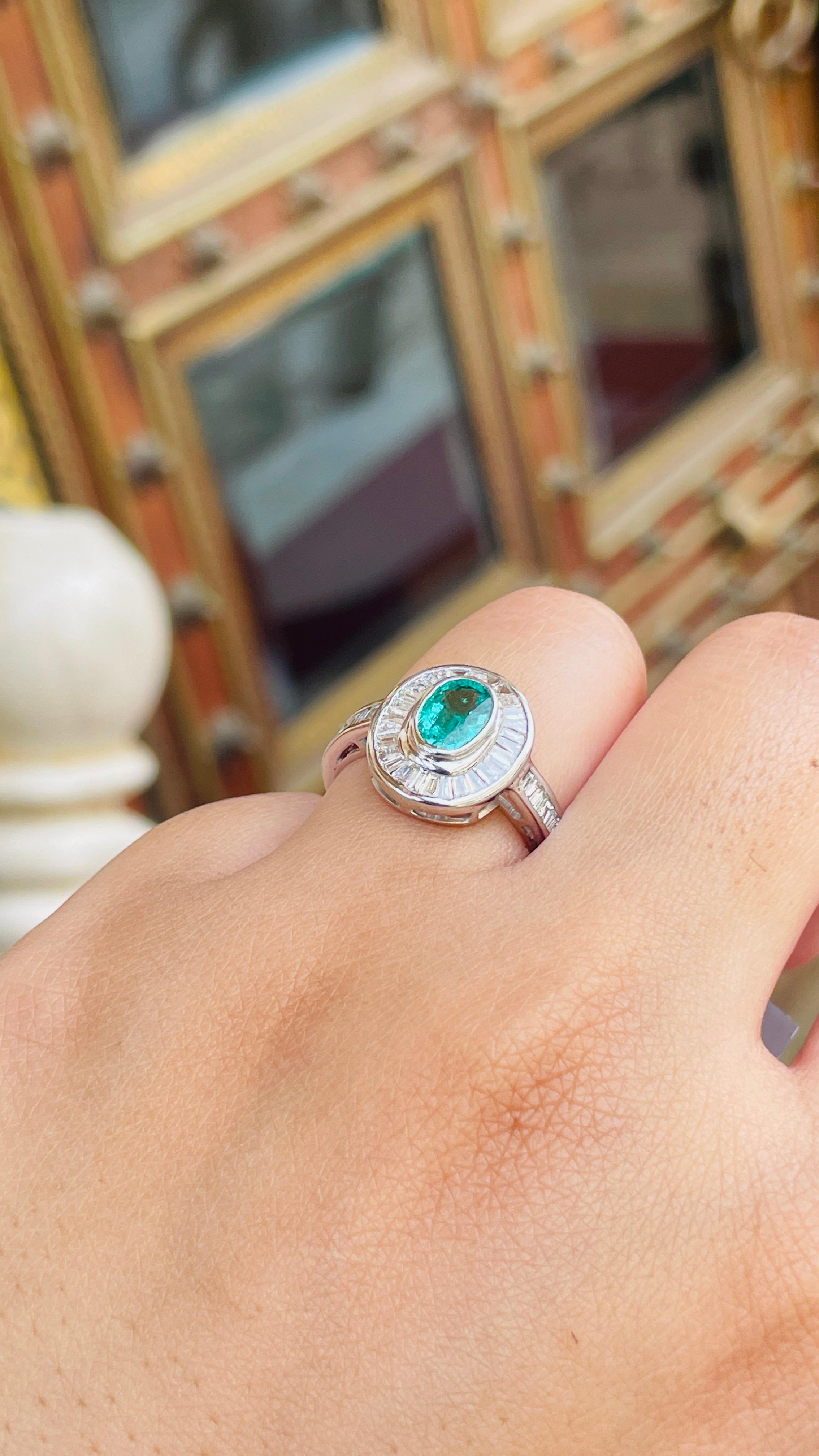 For Sale:  1.56 Carat Emerald Cocktail Ring with Halo of Diamonds in 18K White Gold  10