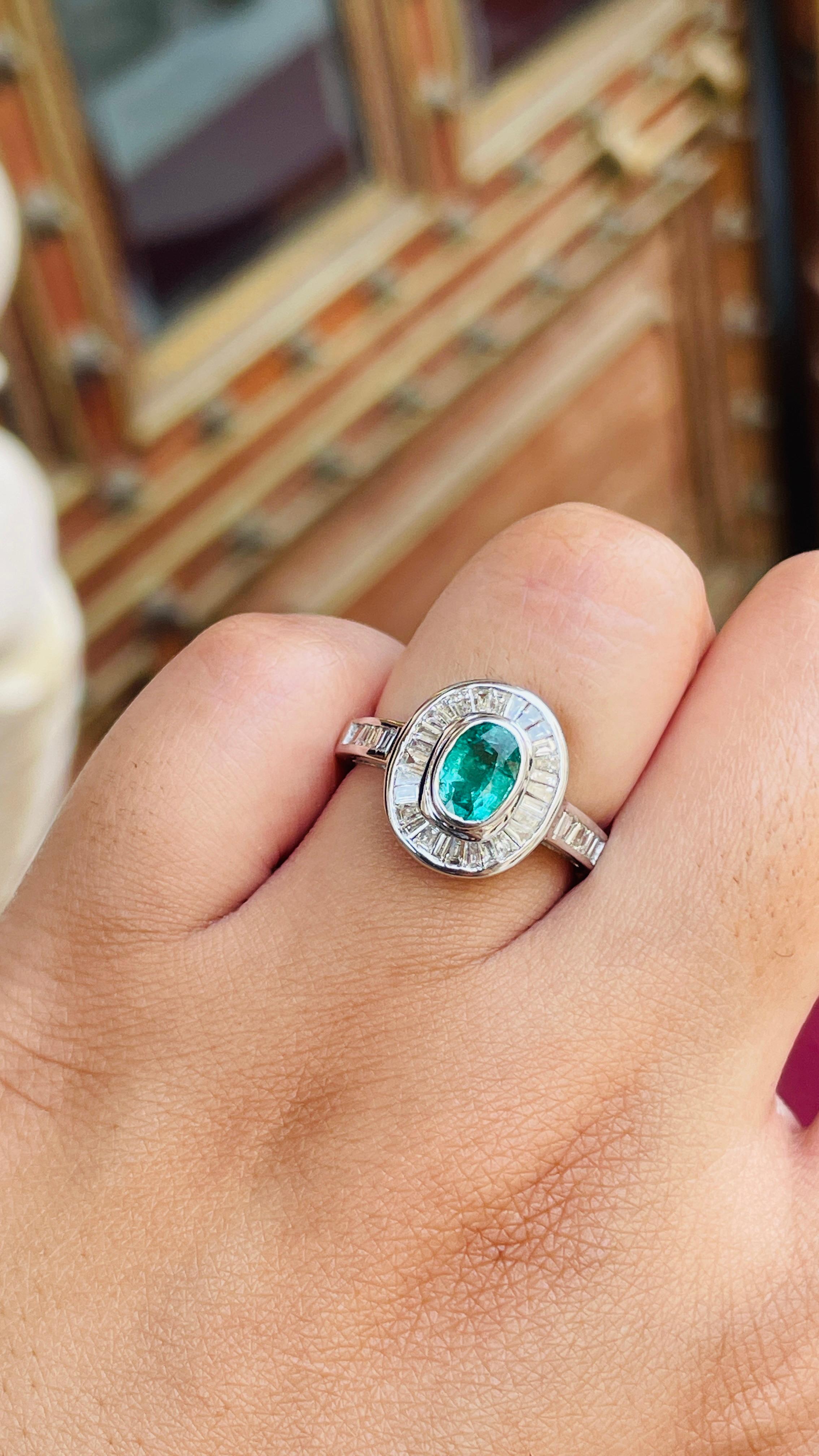 For Sale:  1.56 Carat Emerald Cocktail Ring with Halo of Diamonds in 18K White Gold  11