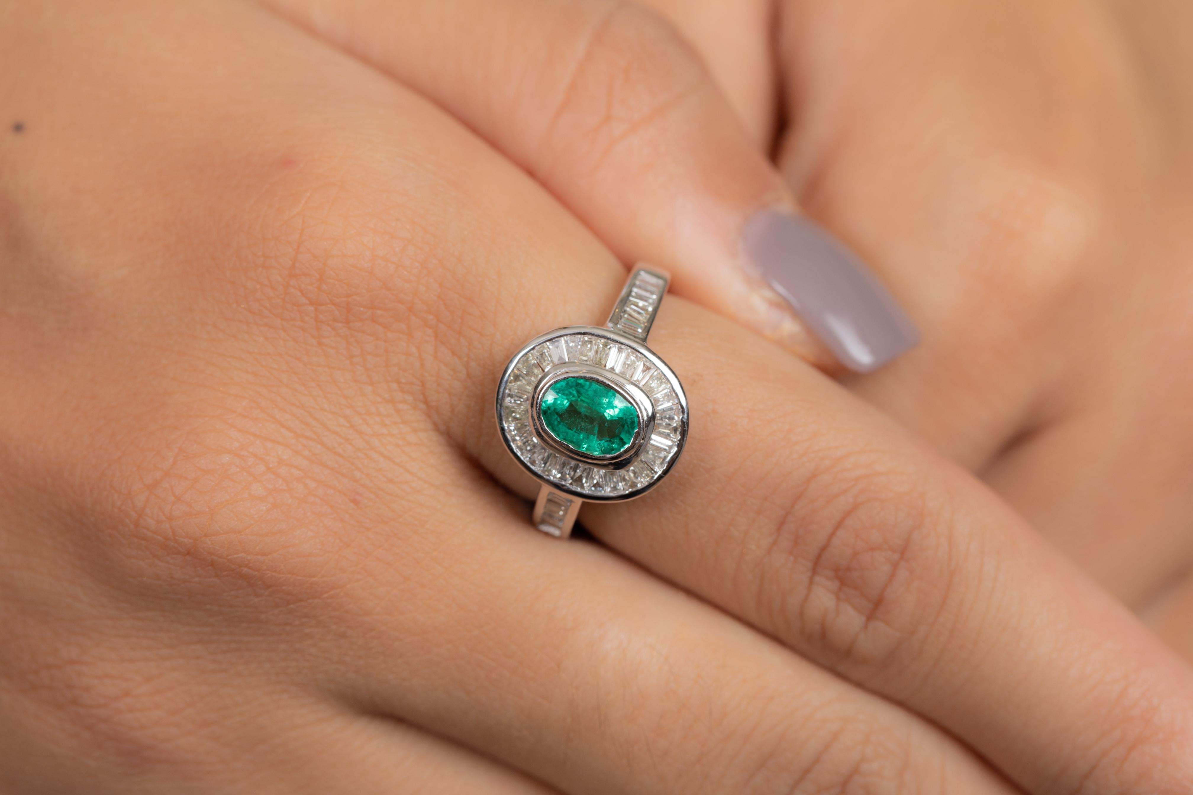 For Sale:  1.56 Carat Emerald Cocktail Ring with Halo of Diamonds in 18K White Gold  3