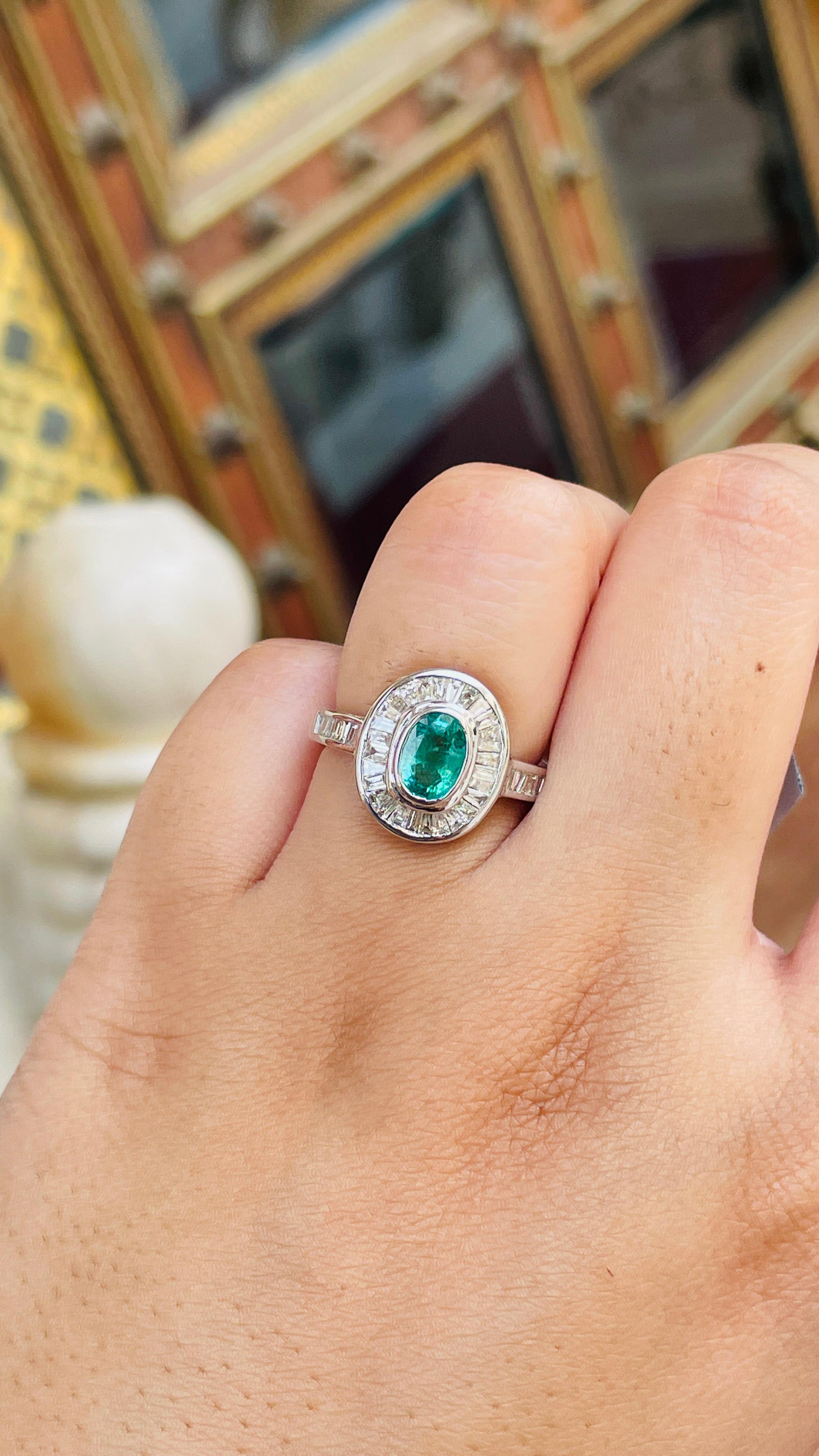 For Sale:  1.56 Carat Emerald Cocktail Ring with Halo of Diamonds in 18K White Gold  2